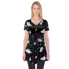 Funny Astronauts, Rockets And Rainbow Space Short Sleeve Tunic  by SychEva