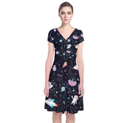 Funny Astronauts, Rockets And Rainbow Space Short Sleeve Front Wrap Dress by SychEva