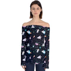 Funny Astronauts, Rockets And Rainbow Space Off Shoulder Long Sleeve Top by SychEva