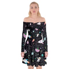 Funny Astronauts, Rockets And Rainbow Space Off Shoulder Skater Dress by SychEva