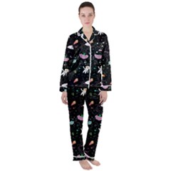 Funny Astronauts, Rockets And Rainbow Space Satin Long Sleeve Pajamas Set by SychEva