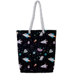 Funny Astronauts, Rockets And Rainbow Space Full Print Rope Handle Tote (small) by SychEva