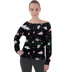 Funny Astronauts, Rockets And Rainbow Space Off Shoulder Long Sleeve Velour Top by SychEva