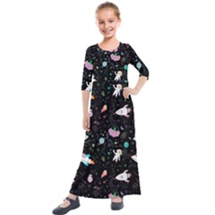 Funny Astronauts, Rockets And Rainbow Space Kids  Quarter Sleeve Maxi Dress by SychEva