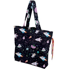 Funny Astronauts, Rockets And Rainbow Space Drawstring Tote Bag by SychEva