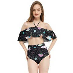 Funny Astronauts, Rockets And Rainbow Space Halter Flowy Bikini Set 