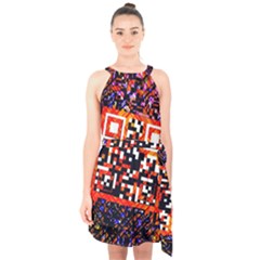 Root Humanity Bar And Qr Code In Flash Orange And Purple Halter Collar Waist Tie Chiffon Dress