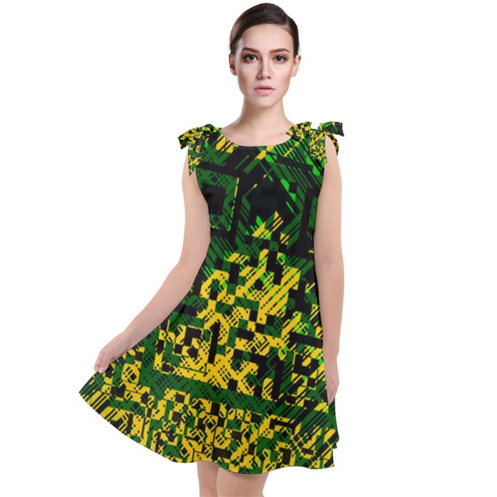 Root Humanity Bar And Qr Code Green and Yellow Doom Tie Up Tunic Dress