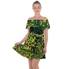 Root Humanity Bar And Qr Code Green And Yellow Doom Off Shoulder Velour Dress by WetdryvacsLair