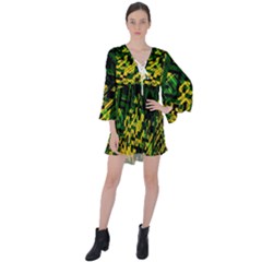 Root Humanity Bar And Qr Code Green And Yellow Doom V-neck Flare Sleeve Mini Dress by WetdryvacsLair