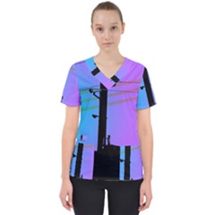 Vaporwave Wires And Transformer Women s V-neck Scrub Top by WetdryvacsLair