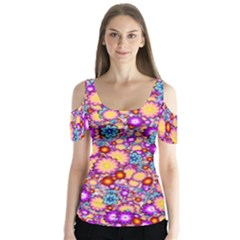 Flower Bomb1 Butterfly Sleeve Cutout Tee 