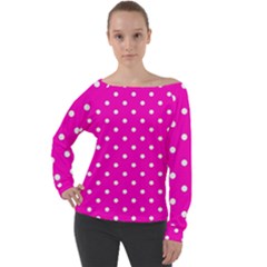 1950 Hello Pink White Dots Off Shoulder Long Sleeve Velour Top by SomethingForEveryone