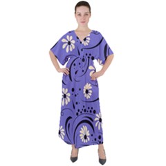 Folk Flowers Pattern  V-neck Boho Style Maxi Dress by Eskimos