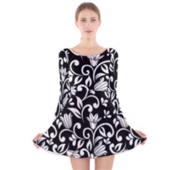 Black And White Bluebells Long Sleeve Velvet Skater Dress by Tizzee