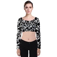 Black And White Bluebells Velvet Long Sleeve Crop Top by Tizzee