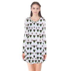 Hearts And Pearls For Love And Plants For Peace Long Sleeve V-neck Flare Dress