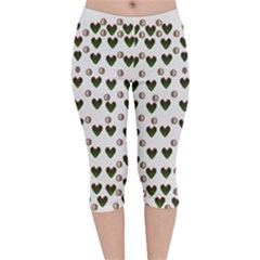 Hearts And Pearls For Love And Plants For Peace Velvet Capri Leggings  by pepitasart