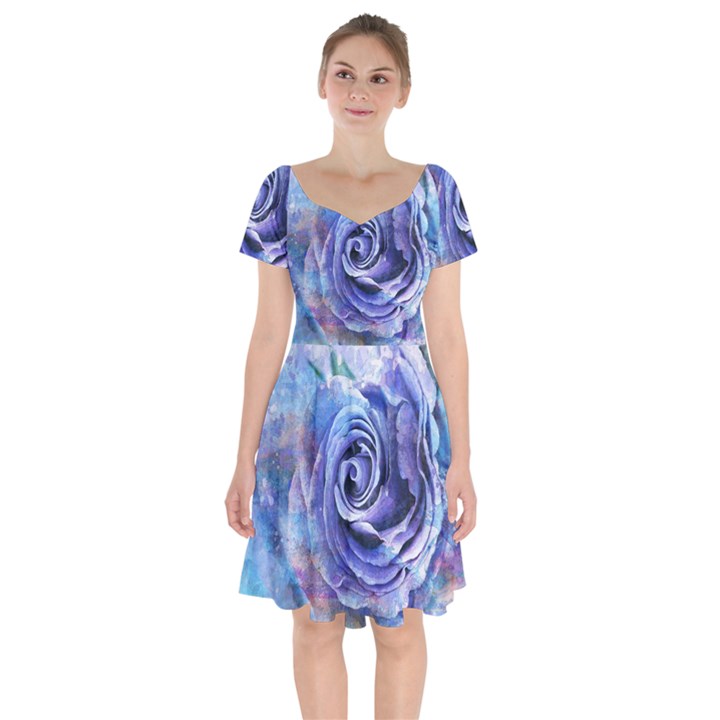 Watercolor-rose-flower-romantic Short Sleeve Bardot Dress