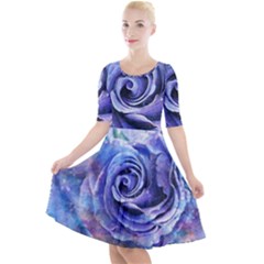 Watercolor-rose-flower-romantic Quarter Sleeve A-line Dress