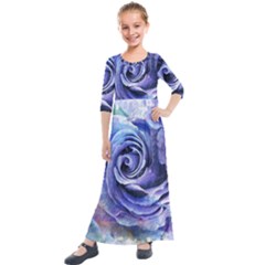 Watercolor-rose-flower-romantic Kids  Quarter Sleeve Maxi Dress