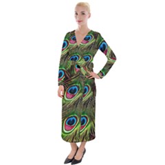 Peacock-feathers-plumage-pattern Velvet Maxi Wrap Dress