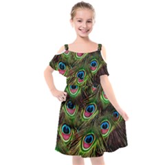 Peacock-feathers-plumage-pattern Kids  Cut Out Shoulders Chiffon Dress