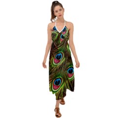 Peacock-feathers-plumage-pattern Halter Tie Back Dress 