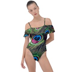 Peacock-feathers-plumage-pattern Frill Detail One Piece Swimsuit by Sapixe