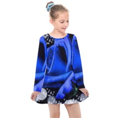 Blue-rose-rose-rose-bloom-blossom Kids  Long Sleeve Dress