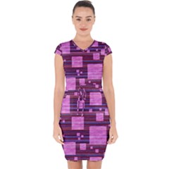 Squares-purple-stripes-texture Capsleeve Drawstring Dress 