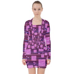 Squares-purple-stripes-texture V-neck Bodycon Long Sleeve Dress