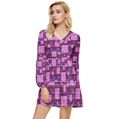 Squares-purple-stripes-texture Tiered Long Sleeve Mini Dress by Sapixe