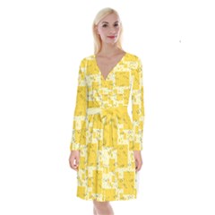 Party-confetti-yellow-squares Long Sleeve Velvet Front Wrap Dress by Sapixe