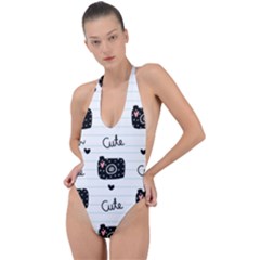 Cute Cameras Doodles Hand Drawn Backless Halter One Piece Swimsuit by Sapixe