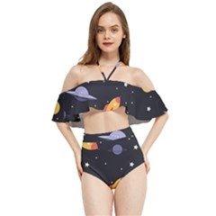 Cosmos Rockets Spaceships Ufos Halter Flowy Bikini Set  by Sapixe