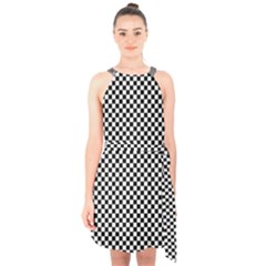 Black And White Checkerboard Background Board Checker Halter Collar Waist Tie Chiffon Dress