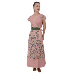 Flower Peach Blossom Flutter Sleeve Maxi Dress