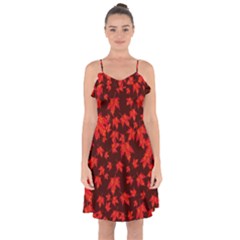 Red Oak And Maple Leaves Ruffle Detail Chiffon Dress