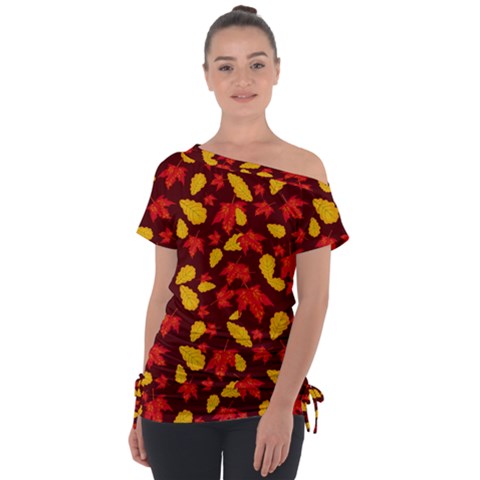 Autumn Pattern,oak And Maple On Burgundy Off Shoulder Tie-up Tee by Daria3107