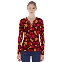 Autumn Pattern,oak And Maple On Burgundy V-neck Long Sleeve Top by Daria3107