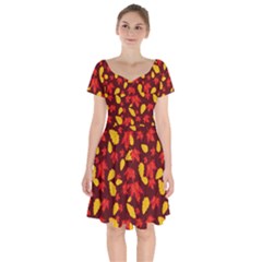 Autumn Pattern,oak And Maple On Burgundy Short Sleeve Bardot Dress