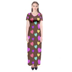 Colorfull Hearts On Choclate Short Sleeve Maxi Dress by Daria3107