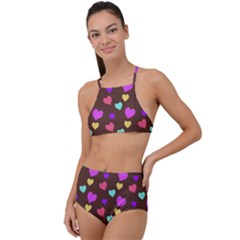 Colorfull Hearts On Choclate High Waist Tankini Set