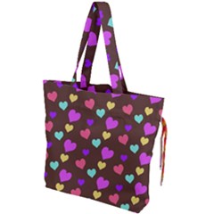 Colorfull Hearts On Choclate Drawstring Tote Bag by Daria3107