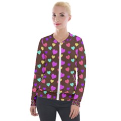 Colorfull Hearts On Choclate Velvet Zip Up Jacket