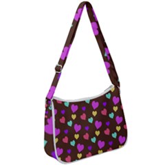 Colorfull Hearts On Choclate Zip Up Shoulder Bag by Daria3107