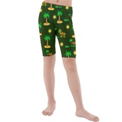 Turtle And Palm On Green Pattern Kids  Mid Length Swim Shorts by Daria3107