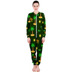 Turtle And Palm On Green Pattern OnePiece Jumpsuit (Ladies) 