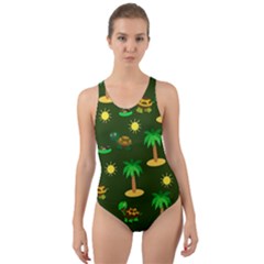 Turtle And Palm On Green Pattern Cut-out Back One Piece Swimsuit by Daria3107